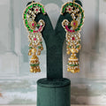 Green and Pink Kundan Peacock Ear Cuff | Gold Ear Climber with Jhumka Drop