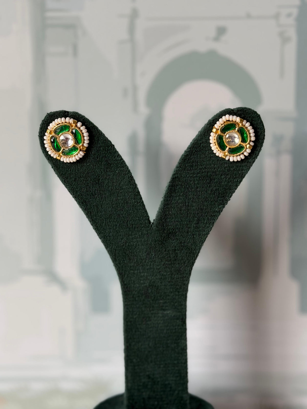 Green Jadau Kundan Flower Studs | Round Gold Studs with Seed Pearl Border