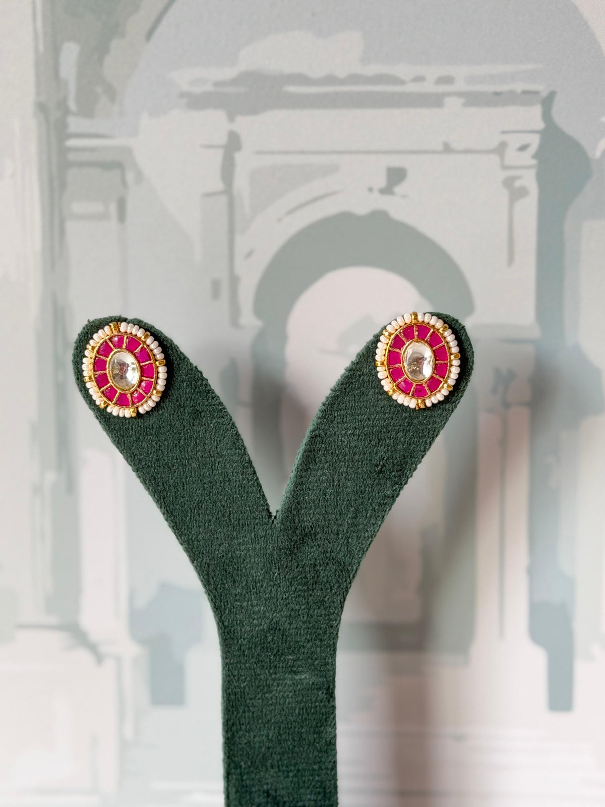 Rani Pink  Jadau Kundan Oval Studs | Gold Studs with Clear Centre and Pearl Border