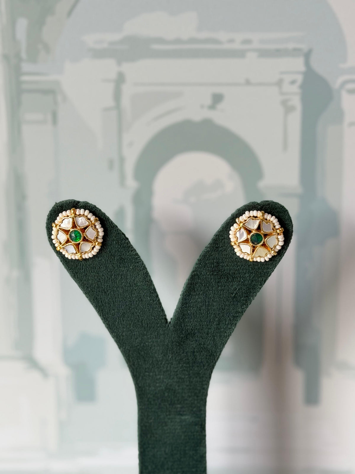 Green and Mother of Pearl Jadau Studs | Round Gold Studs with Pearl Border