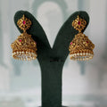 Antique Gold Temple Jhumkas | Large Carved Dome with Pink Stones