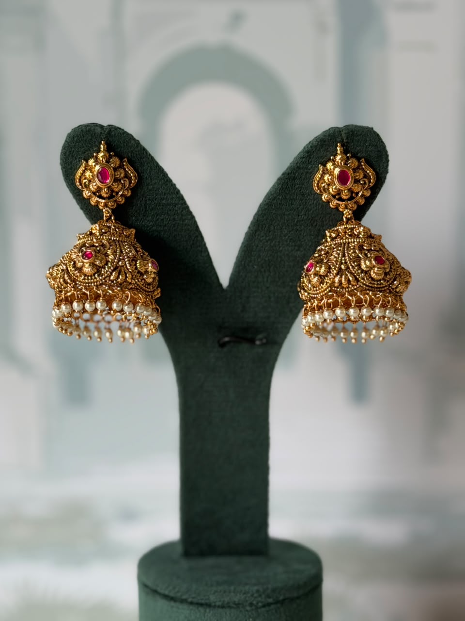 Antique Gold Temple Jhumkas | Large Carved Dome with Pink Stones
