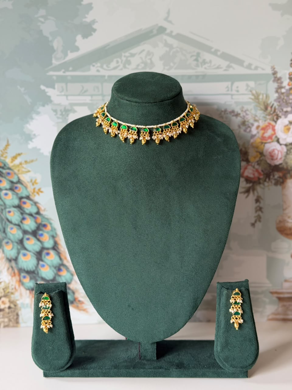 Long gold drop earrings with stacked half moon stones and seed pearl clusters
