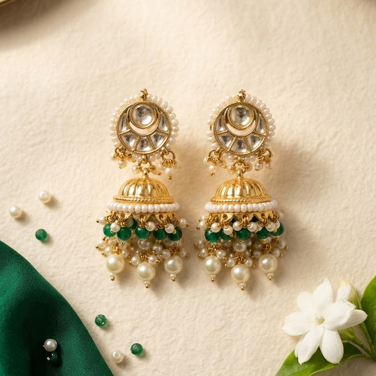 Kundan Jhumka Earrings with Pearl & Emerald Bead Drops