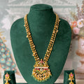 Long Antique Gold Mala Set | Ruby-Emerald Kundan Pendant Necklace & Jhumka Earrings