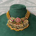Antique Gold Kundan Pearl Choker Set | Ruby-Emerald Beaded Necklace & Jhumka Earrings