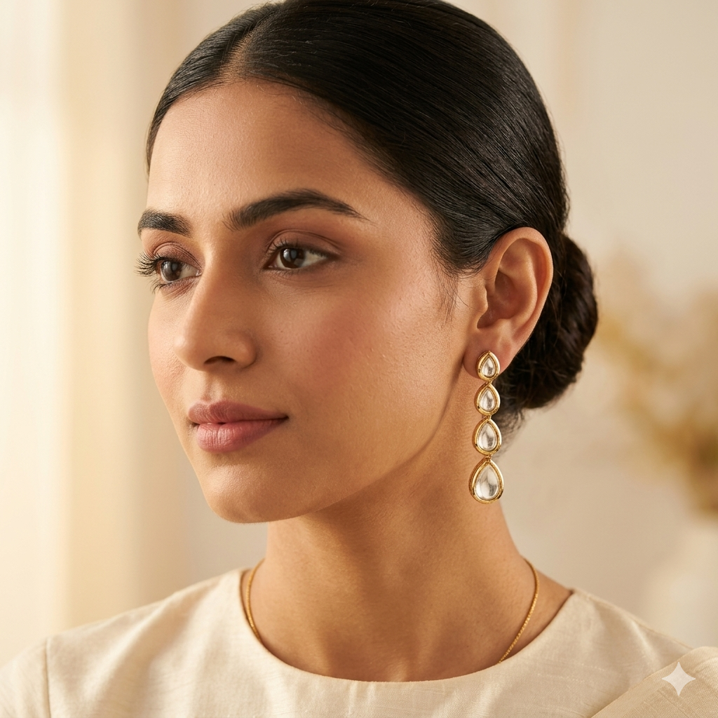 Saanjh Polki (AC Kundan) Drop Earrings — Graduated Teardrop