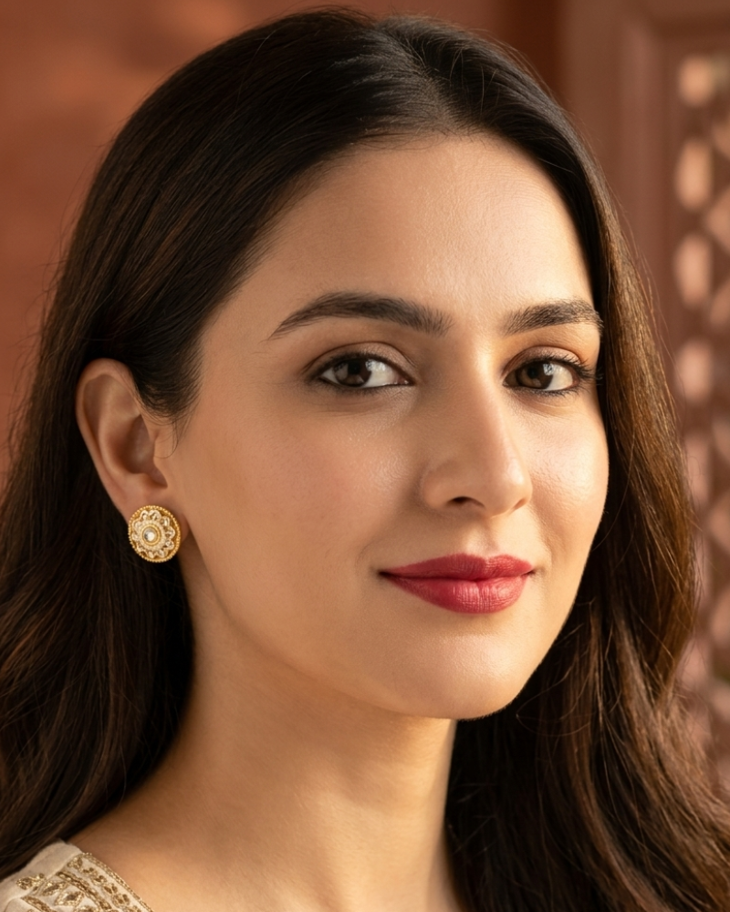 Kundan Polki Floral Stud Earrings | Round Gold Studs with Beaded Border