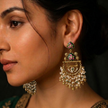 Green Meenakari Jadau Earrings | Ruby Accent Pearl Fan Drops
