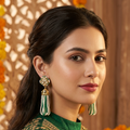 Green Bead & Pearl Tassel Jhumka Earrings | Kundan earrings with Bell Drop