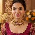 Antique Gold Peacock Choker | Ruby & White Kundan Necklace with Ghungroo Drops