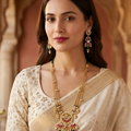 Ruby & Emerald Kundan Necklace Set | Triple Chain with Green Bead Drops