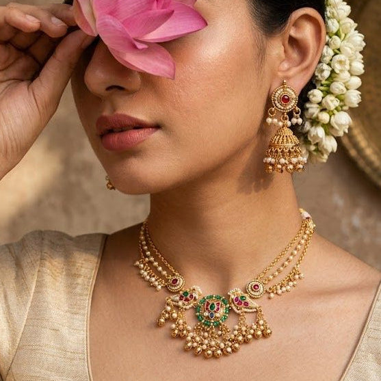 Rajwadi Gold Pearl Jhumka Necklace Set